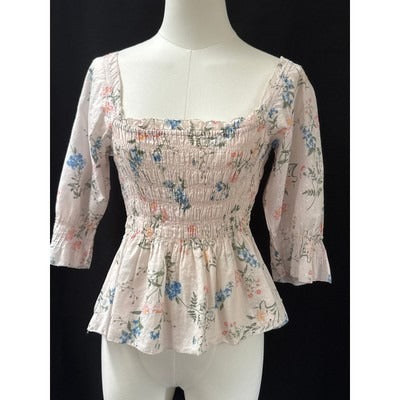 Saylor Womens Floral Smocked Blouse Top S