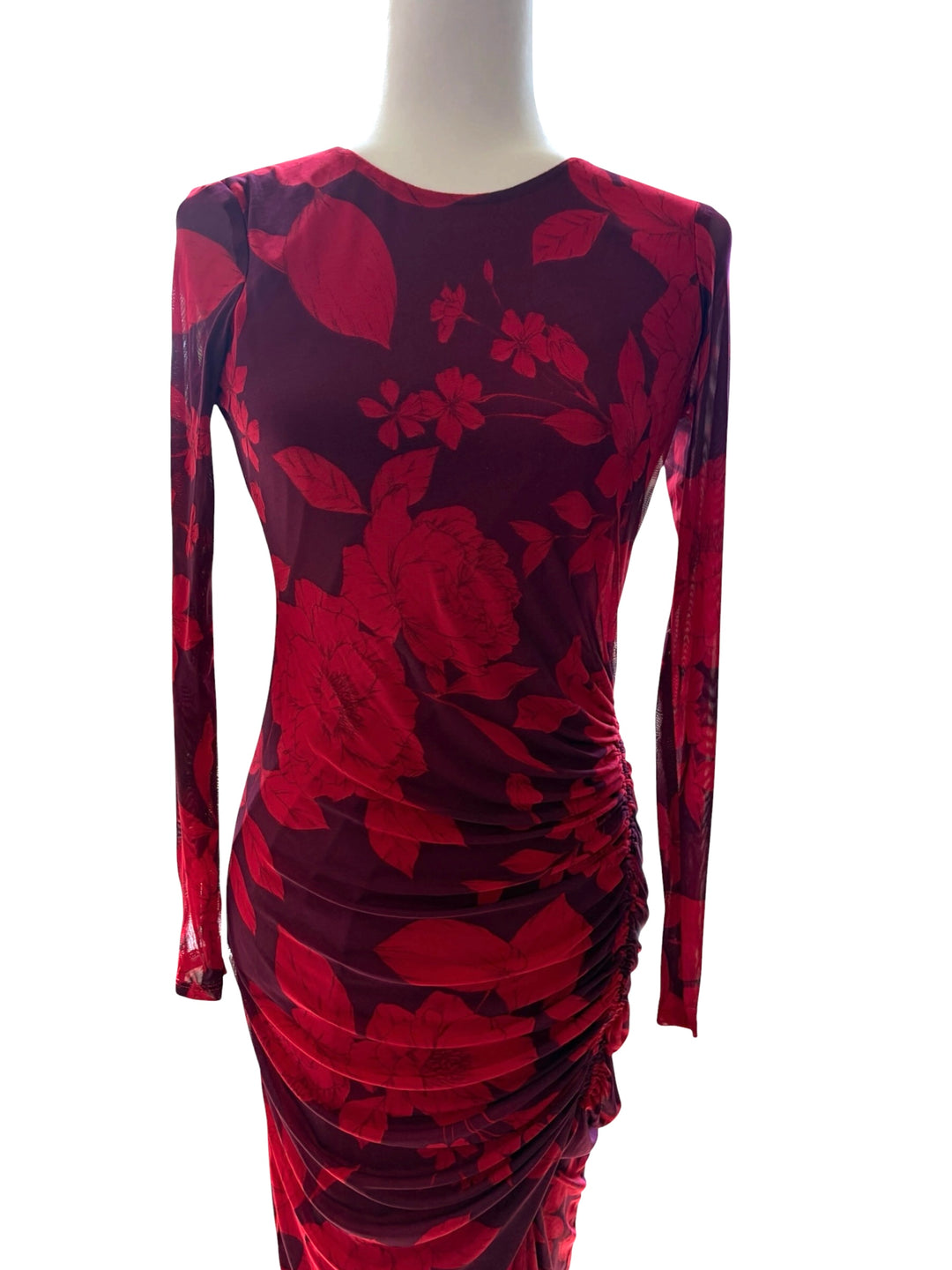 Taylor Women’s Purple/Red Long Sleeve Ruched Maxi Foral Dress, Size 4