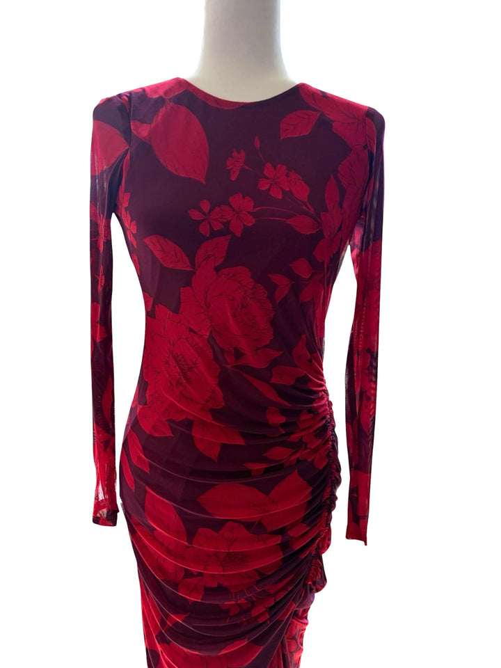 Taylor Women’s Purple/Red Long Sleeve Ruched Maxi Foral Dress, Size 4