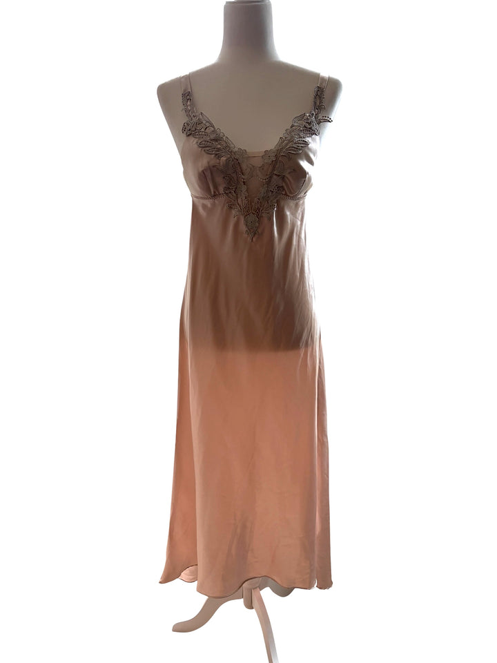 FLORA by Flora Nikrooz Women's Stella gown almond slip dress with padded bust and lace neckline detail, size M