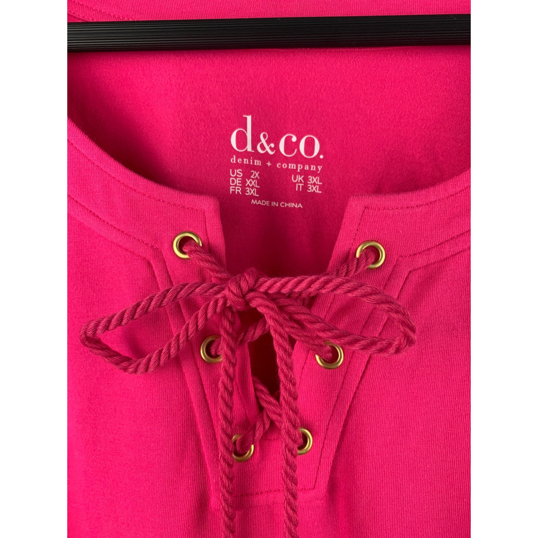 D & Co. Womens Plus Size 3X Pink Lace-Up Neck Short Sleeve T-Shirt