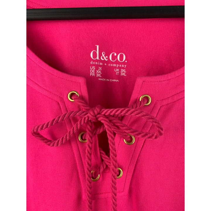 D & Co. Womens Plus Size 3X Pink Lace-Up Neck Short Sleeve T-Shirt