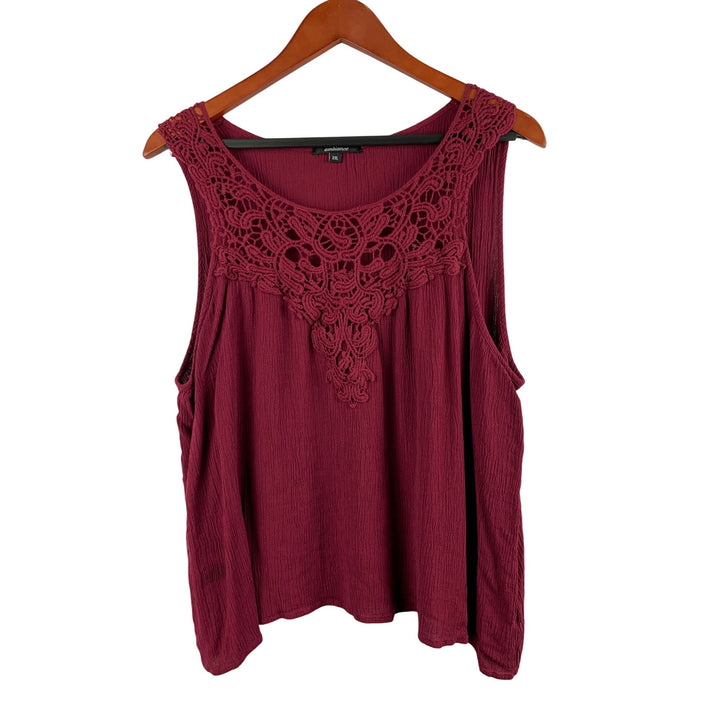Ambiance Womens Burgundy Sleeveless Crochet Top 2XL Rayon & Cotton Blend