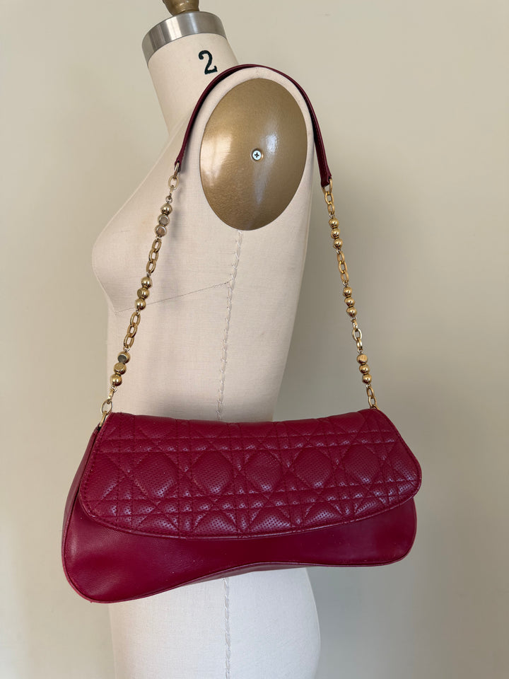 Christian Dior Vintage Cannage Quilted Leather Chain Shoulder Bag Burgundy