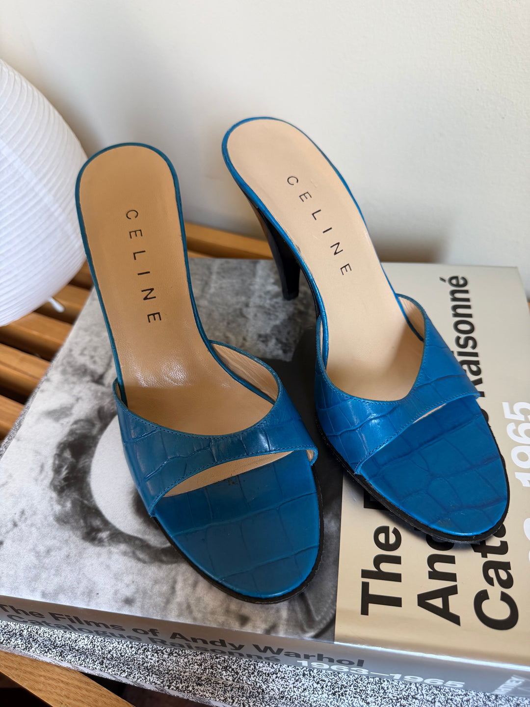 Vintage Celine Blue Croc Embossed Leather Heeled Mules 38.5