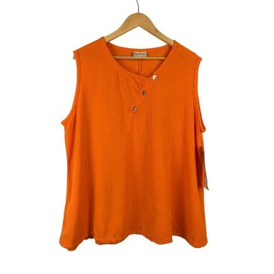 Cottonways Womens Orange Sleeveless V-Neck Button-Accent Top L
