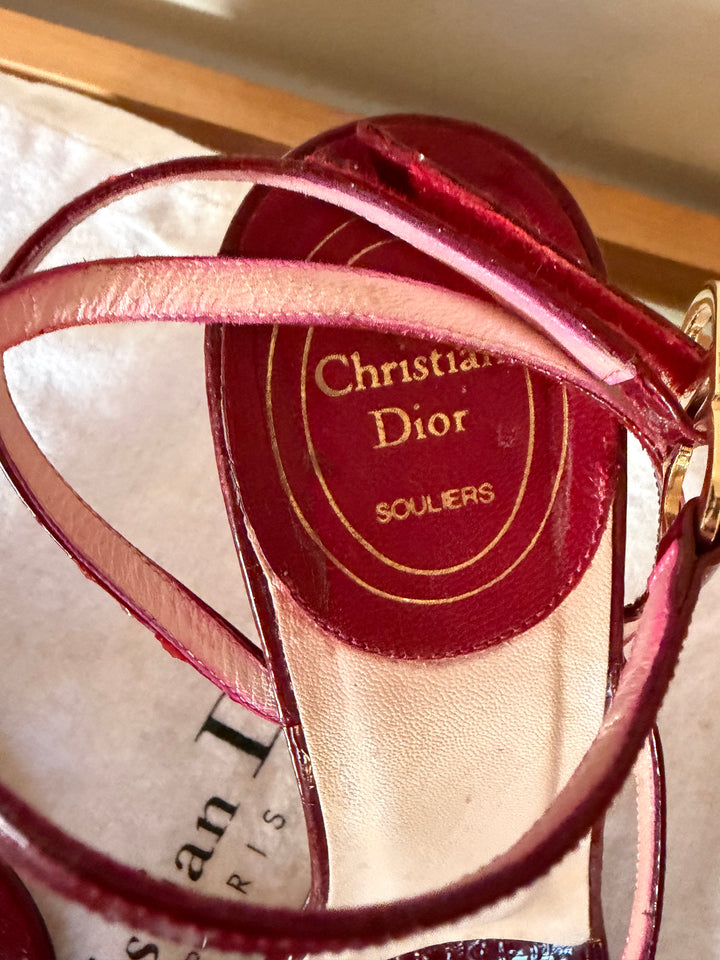 Christian Dior Burgundy Patent Leather CD Logo Ankle Strap Sandals Heels EU 38