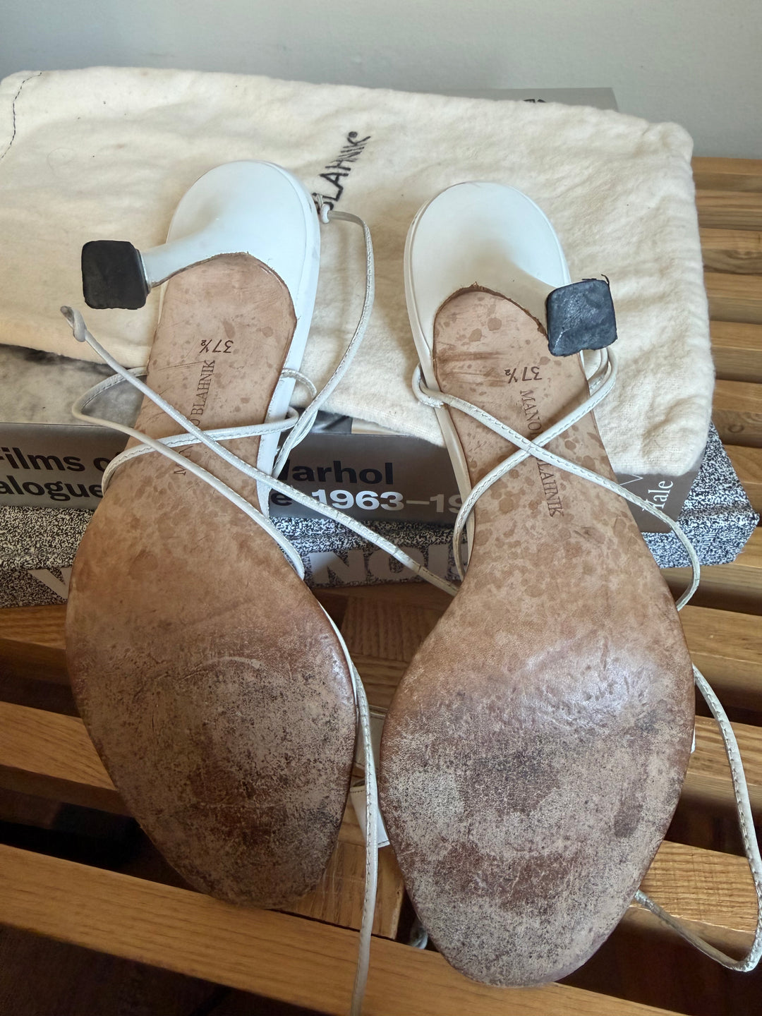 Manolo Blahnik White Leather Lace-Up Sandals Heels Size 37.5