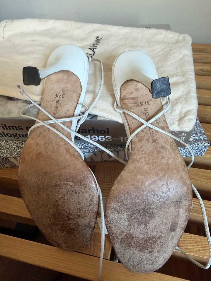 Manolo Blahnik White Leather Lace-Up Sandals Heels Size 37.5
