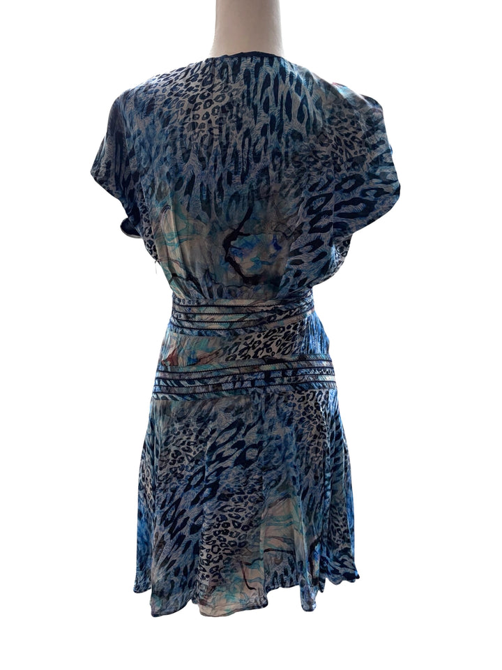 Marciano by GUESS Rose Romance Feminine Animal Motif Blue mini flared v-neck women's dress, size 2
