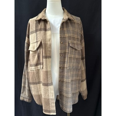 ACOA Medium Plaid Button-Up Shirt Jacket Brown & Beige Wool Blend