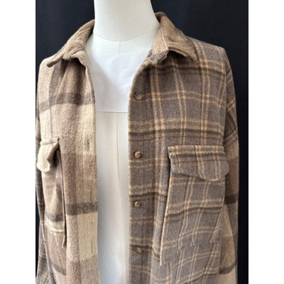 ACOA Medium Plaid Button-Up Shirt Jacket Brown & Beige Wool Blend