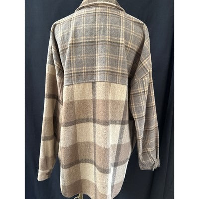 ACOA Medium Plaid Button-Up Shirt Jacket Brown & Beige Wool Blend