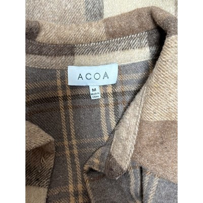ACOA Medium Plaid Button-Up Shirt Jacket Brown & Beige Wool Blend