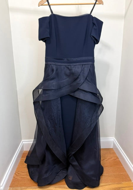 A Exclusive Formal Gown – Navy Off‑Shoulder Column Dress w/ Organza Overlay – Boutique Couture – Retail $1000+