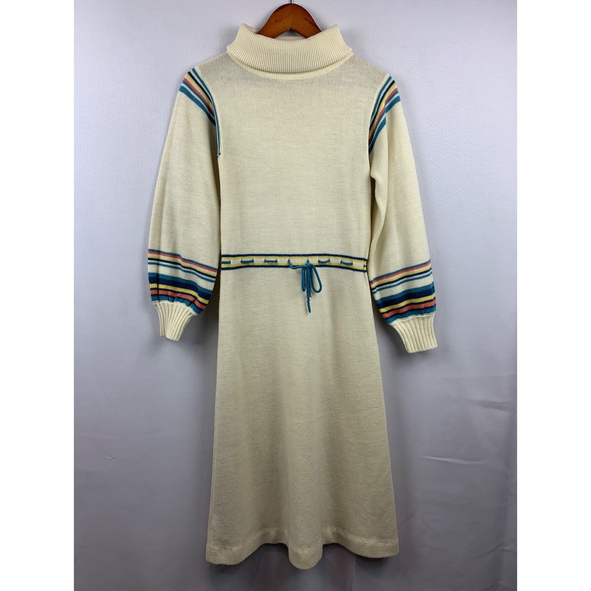 Vintage Cream Knit Dress With Striped Sleeves & Turtleneck