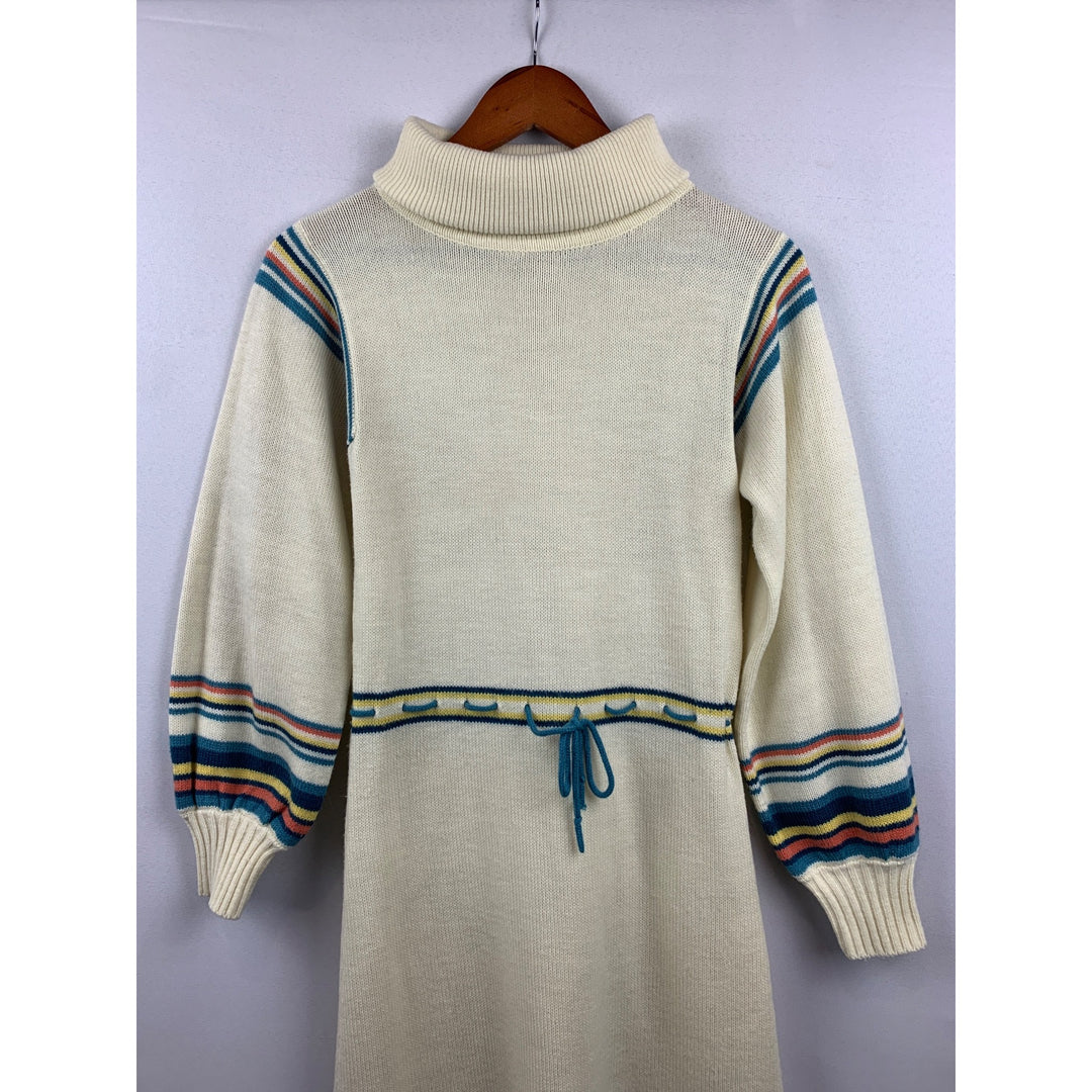 Vintage Cream Knit Dress With Striped Sleeves & Turtleneck