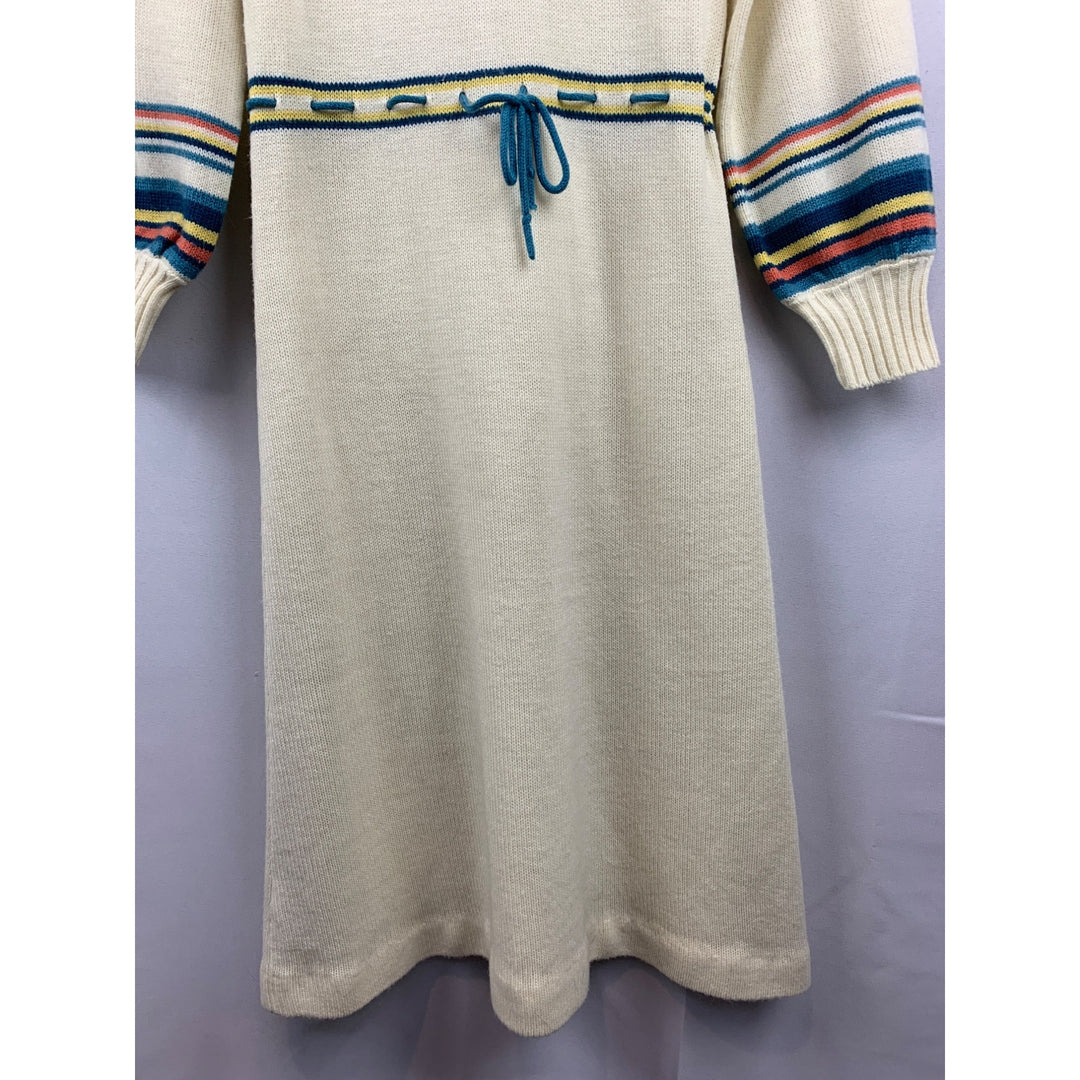 Vintage Cream Knit Dress With Striped Sleeves & Turtleneck