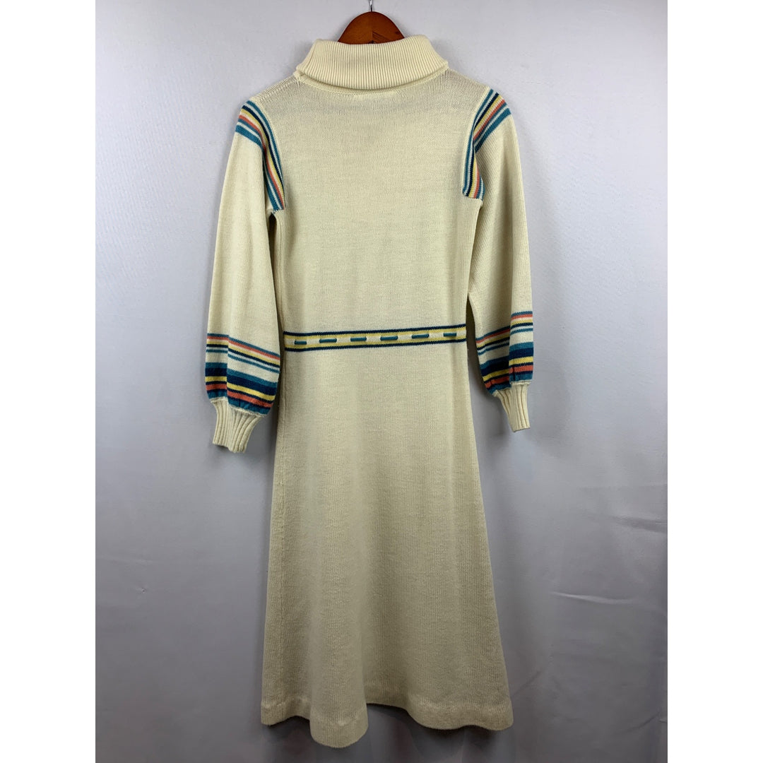 Vintage Cream Knit Dress With Striped Sleeves & Turtleneck