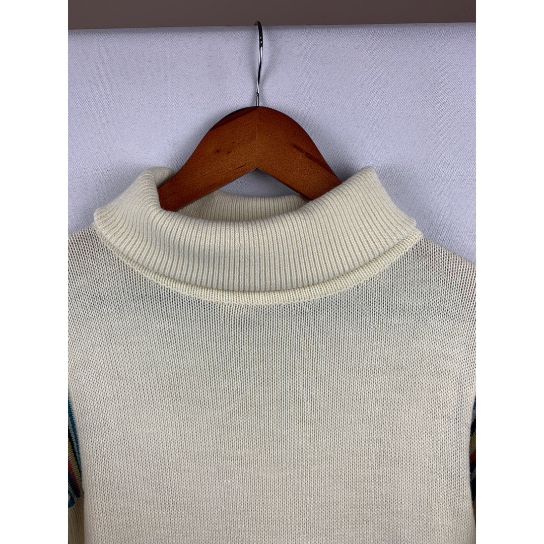 Vintage Cream Knit Dress With Striped Sleeves & Turtleneck