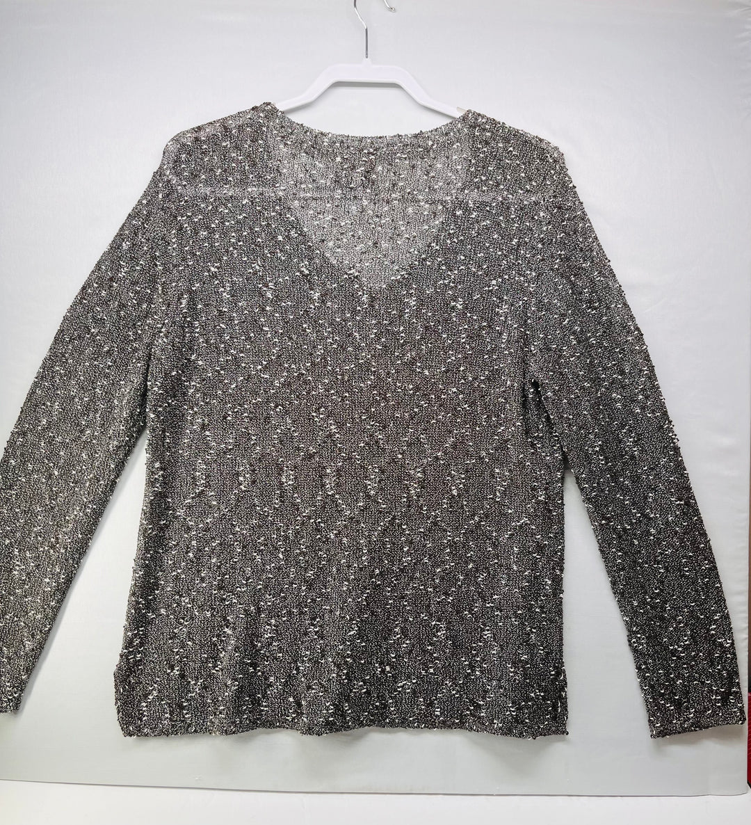 Chico’s Women’s Metallic V-Neck Sweater Shimmer Knit Pullover Dressy Top