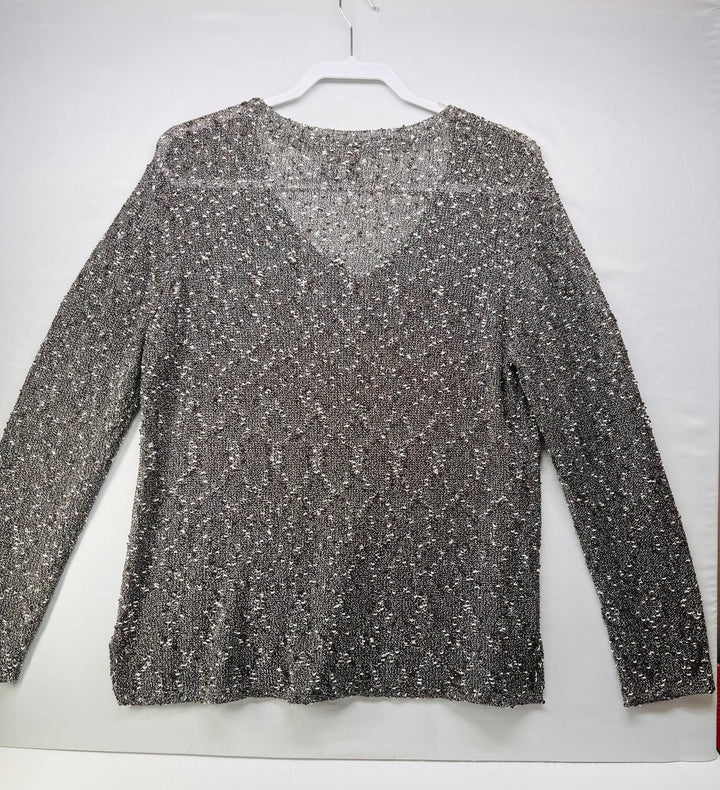 Chico’s Women’s Metallic V-Neck Sweater Shimmer Knit Pullover Dressy Top