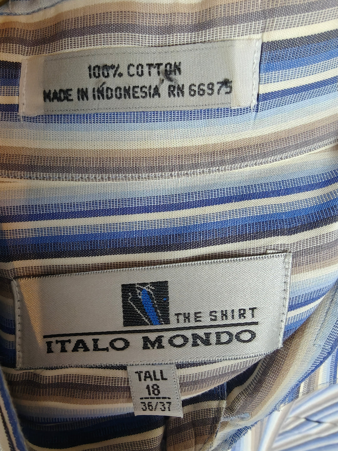 Italo Mondo Tall 18 36/37 French Cuff Dress Shirt Blue Brown White Stripe 100% Cotton