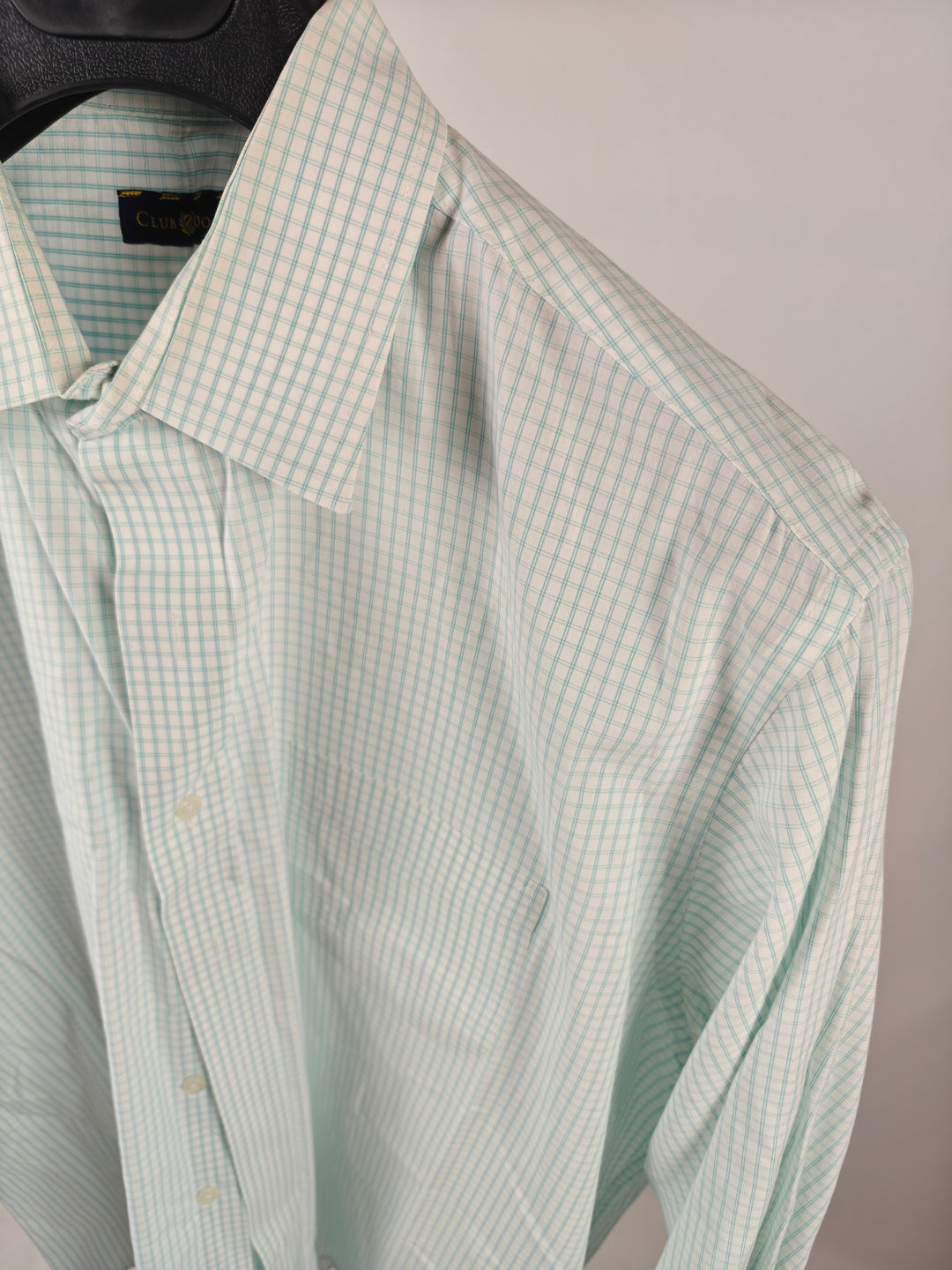 Men’s Club Room Dress Shirt White Aqua Check Size 17.5 36/37