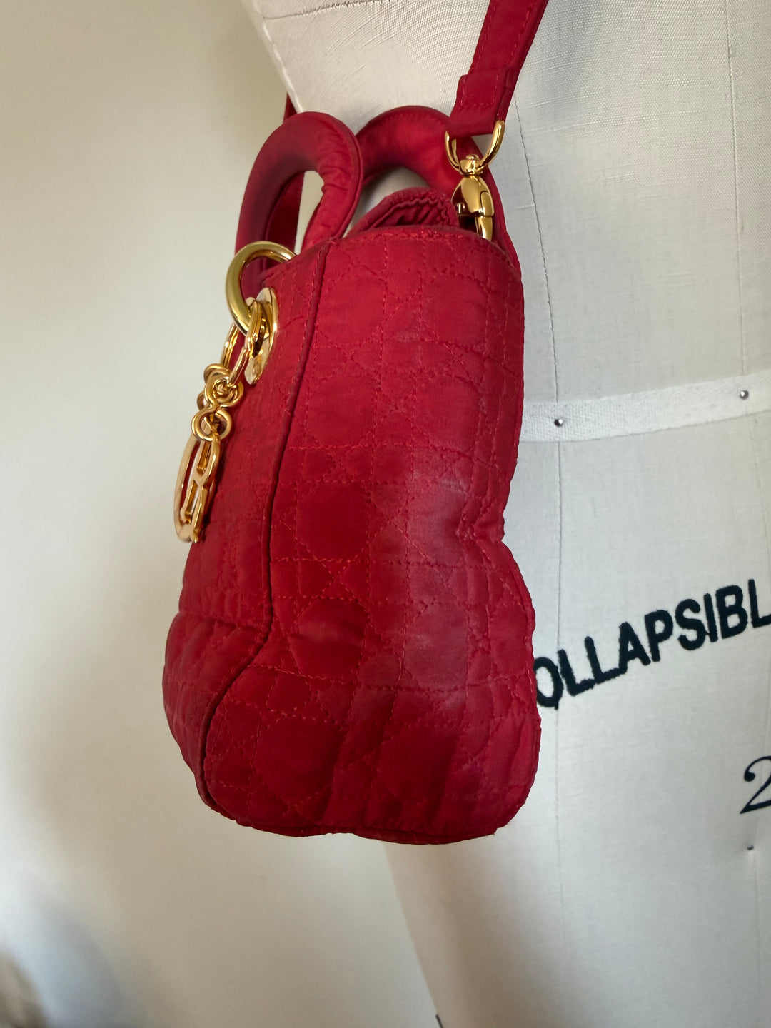 Vintage Christian Dior Lady Dior Red Cannage Nylon Canvas Bag w/ Strap