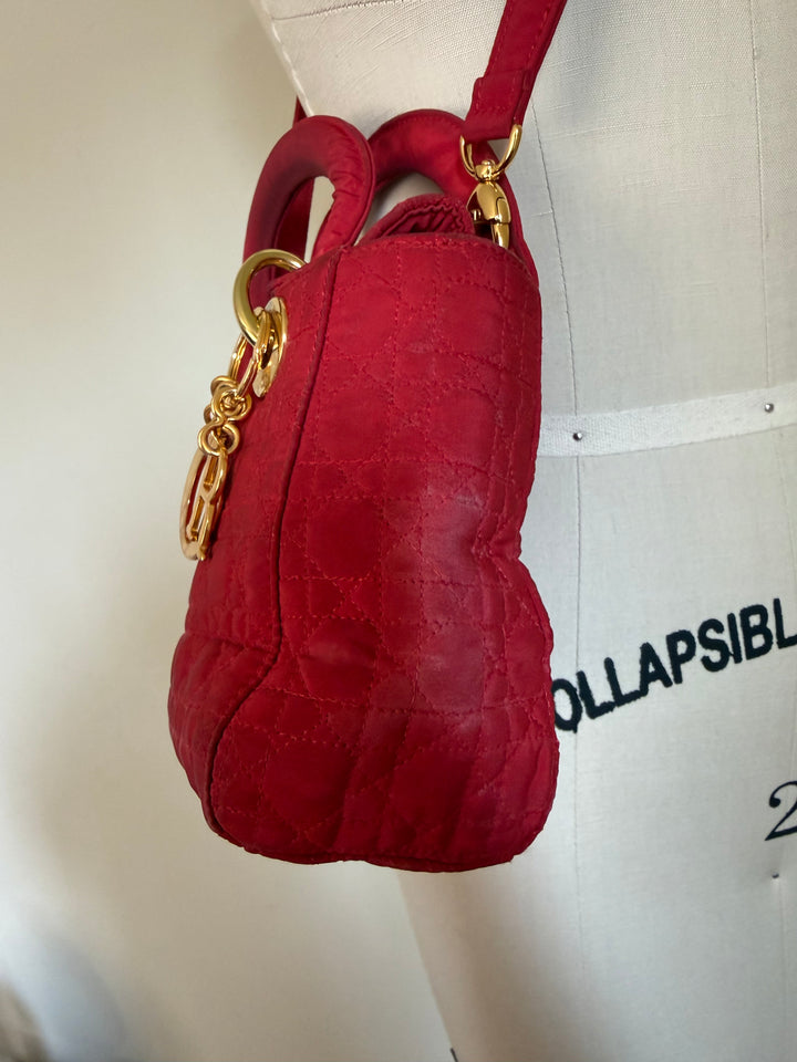 Vintage Christian Dior Lady Dior Red Cannage Nylon Canvas Bag w/ Strap