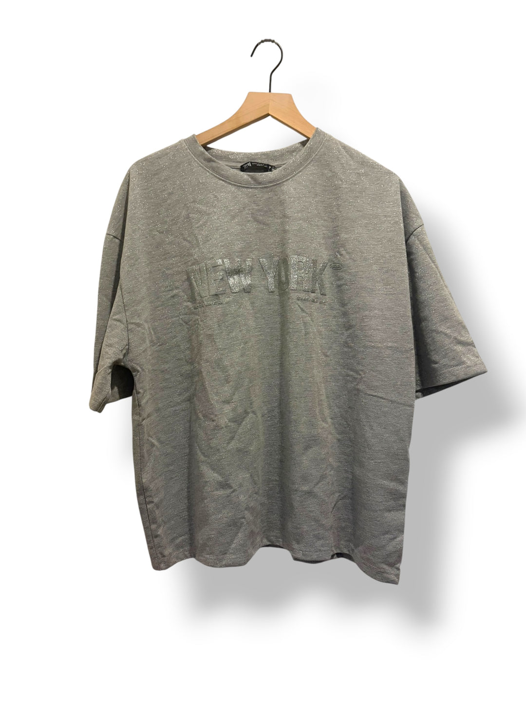 Zara New York Sparkle T-Shirt Gray Silver Glitter Oversized Tee Size M NWT
