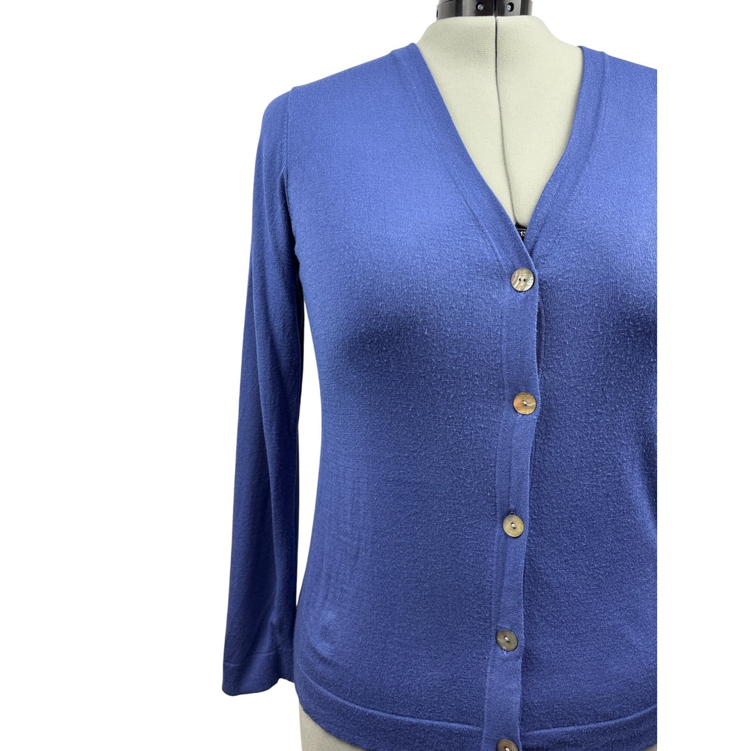 Women’s Chicos Size 3 Periwinkle Cardigan with Shell Buttons