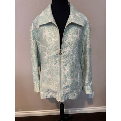 Drapers & Damons Vintage Brocade Jacket In Ethereal Aqua Blue Silk Blend With Golden Bee Zipper Pull