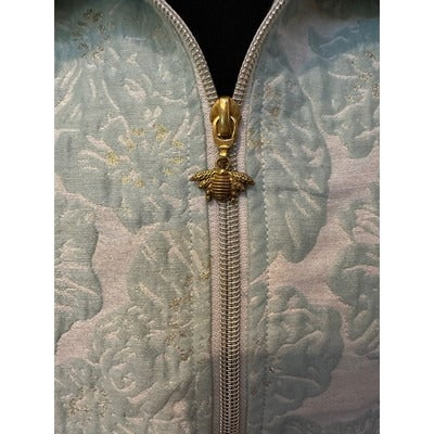 Drapers & Damons Vintage Brocade Jacket In Ethereal Aqua Blue Silk Blend With Golden Bee Zipper Pull