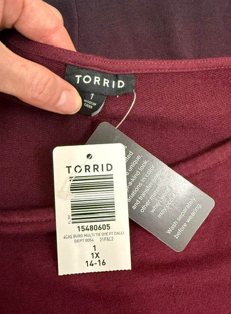 Torrid Burgundy Tie Dip-Dye Dress Sz1X(14-16) NWT
