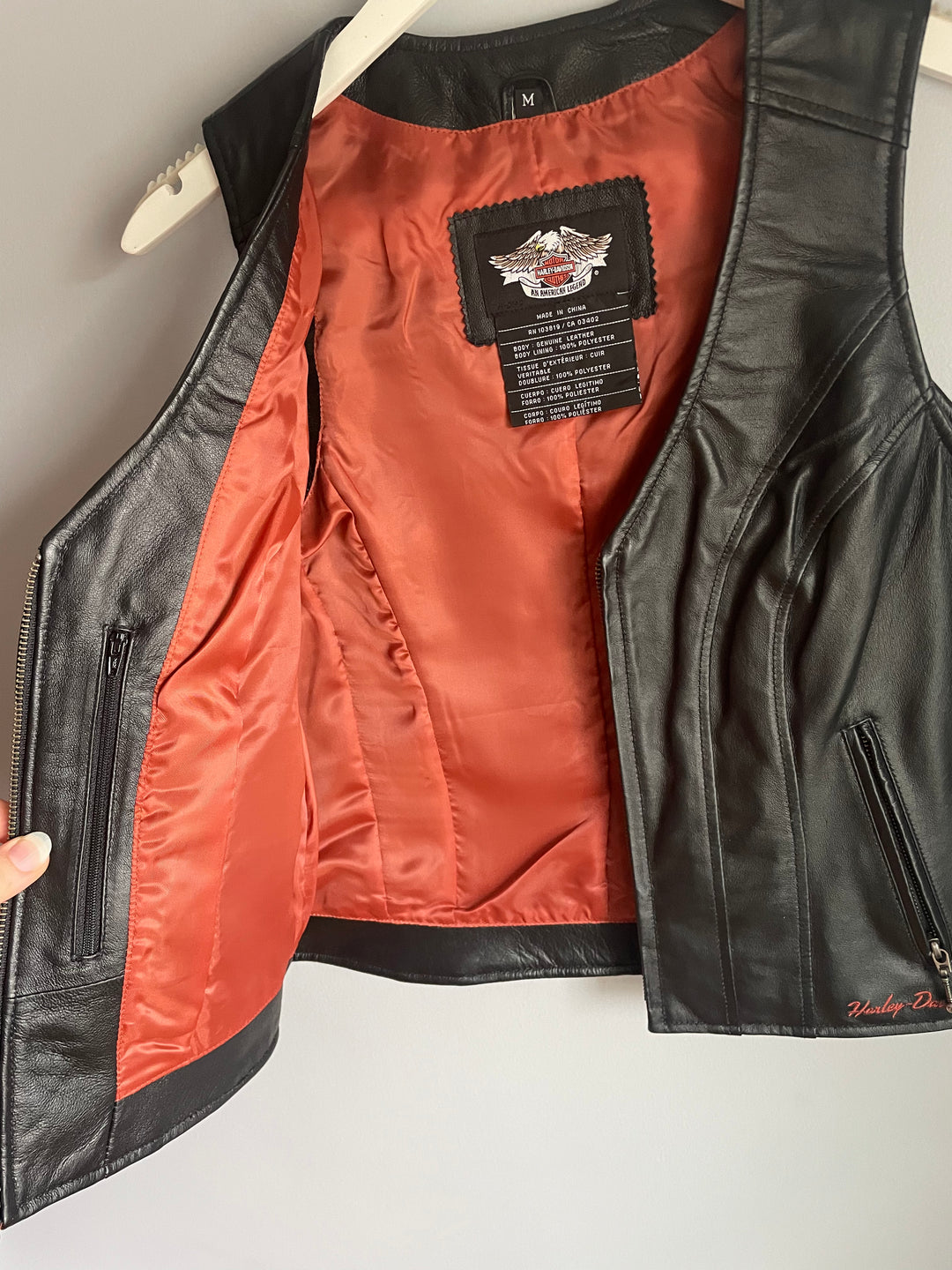 Harley Davidson Womens Black Leather Vest Zip Front Bar Shield Patch Sz M Vintage 2009
