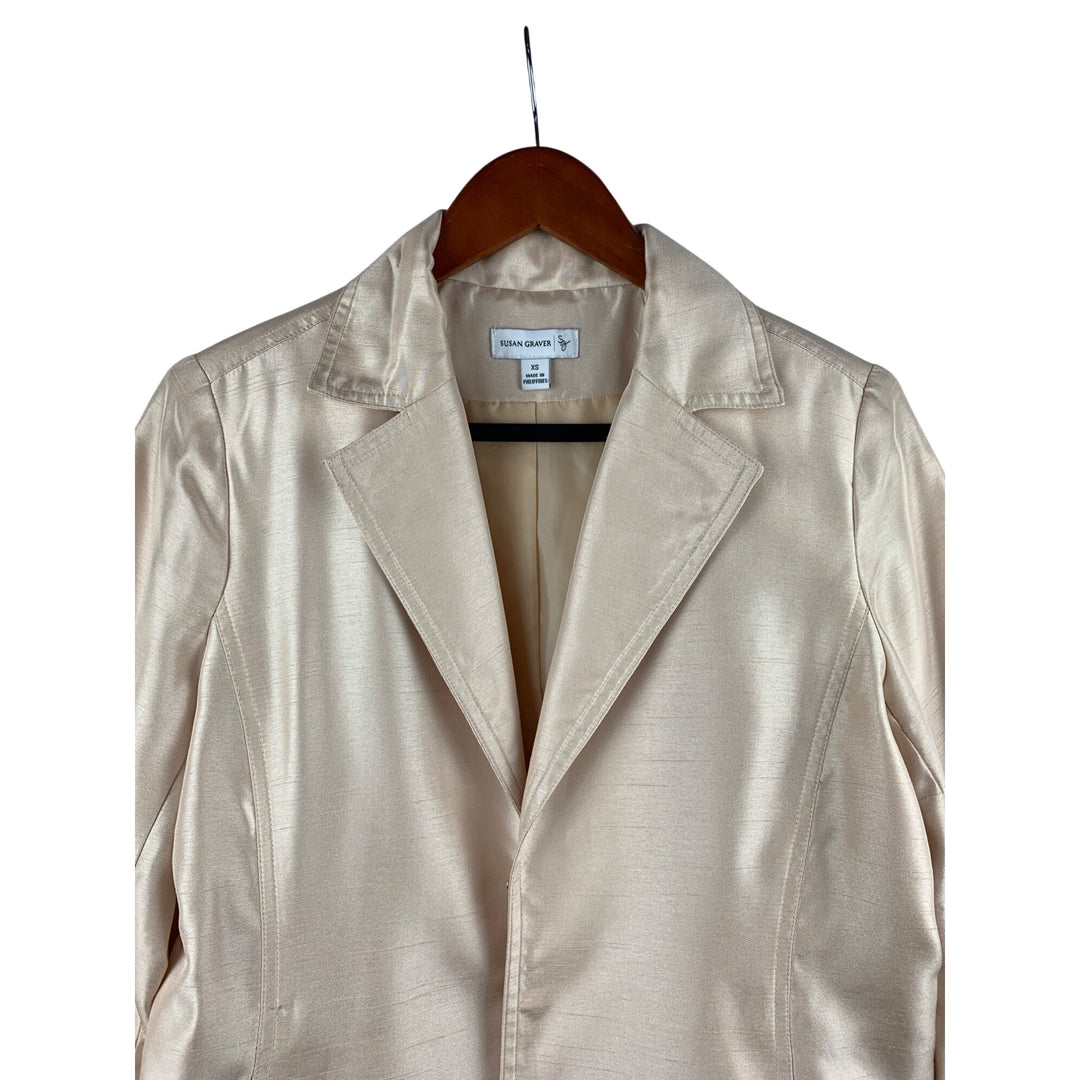 Susan Graver XS Womens Blazer Jacket Satin Look Polyester Beige