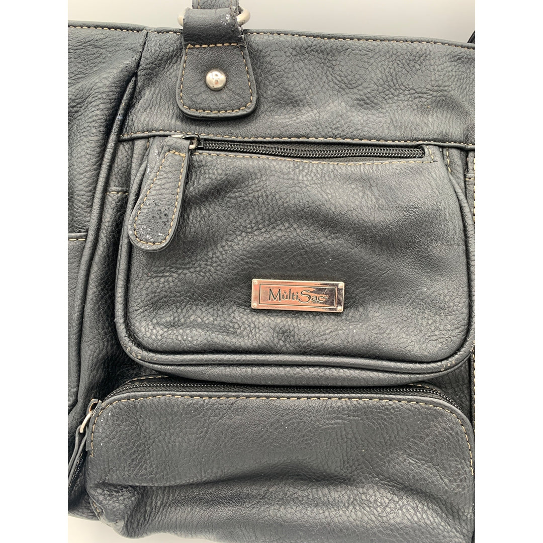 MultiSac Black Faux Leather Multi-Pocket Shoulder Bag With Adjustable Straps