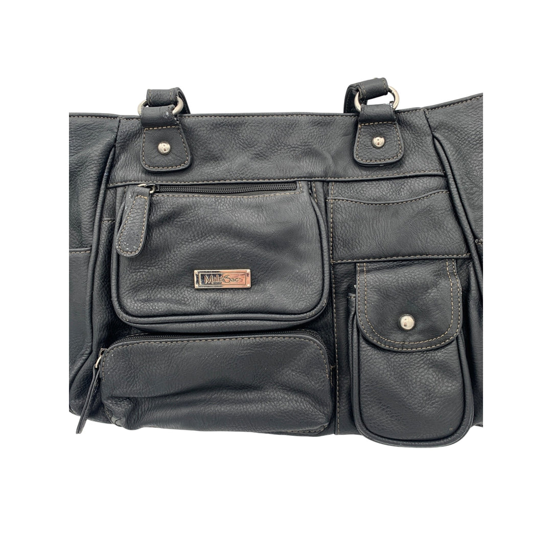 MultiSac Black Faux Leather Multi-Pocket Shoulder Bag With Adjustable Straps