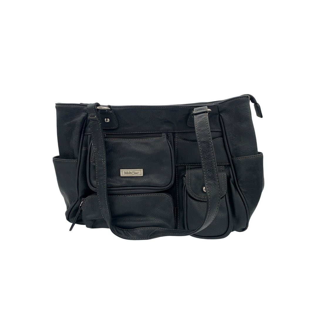 MultiSac Black Faux Leather Multi-Pocket Shoulder Bag With Adjustable Straps