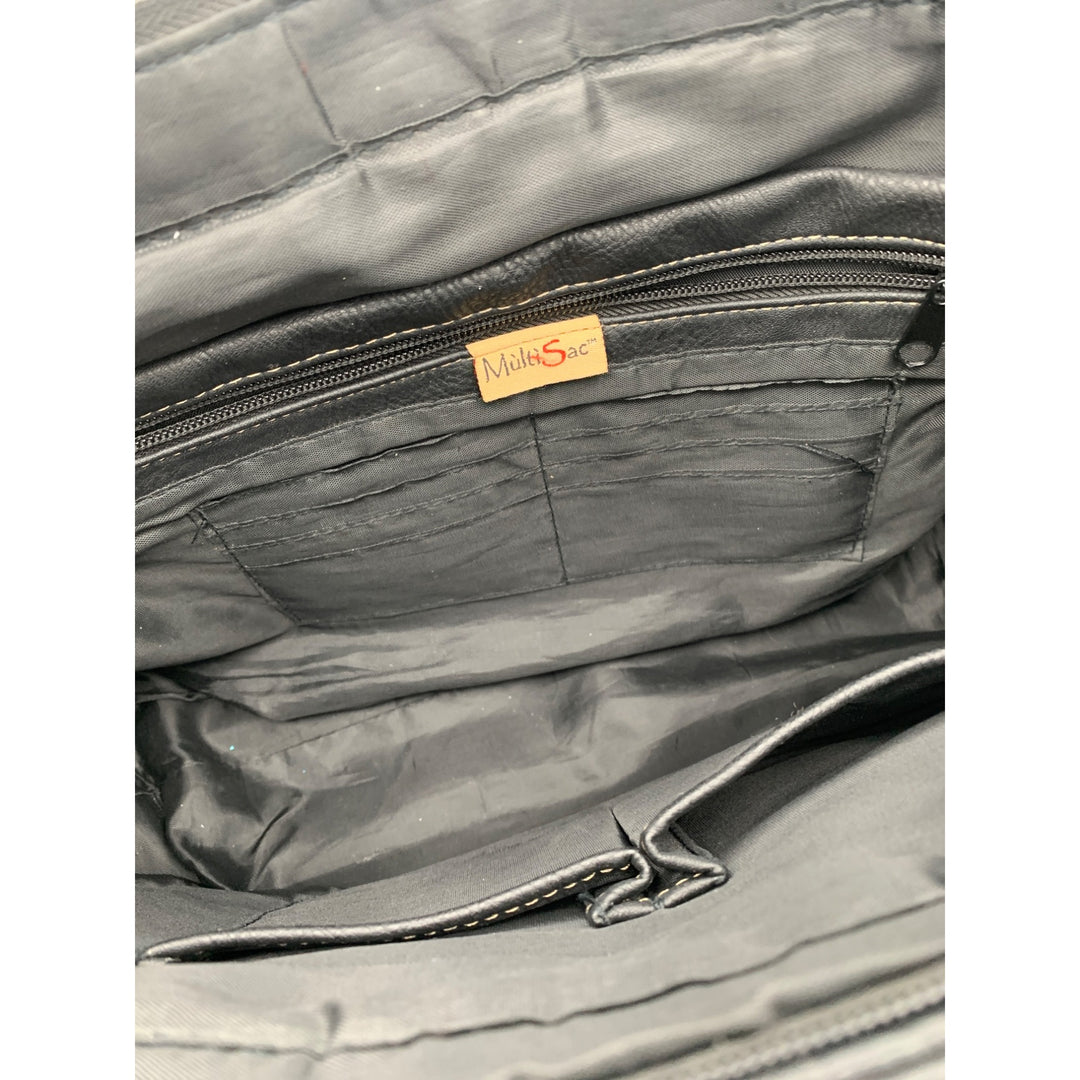 MultiSac Black Faux Leather Multi-Pocket Shoulder Bag With Adjustable Straps