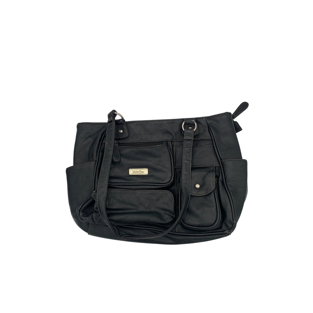 MultiSac Black Faux Leather Multi-Pocket Shoulder Bag With Adjustable Straps