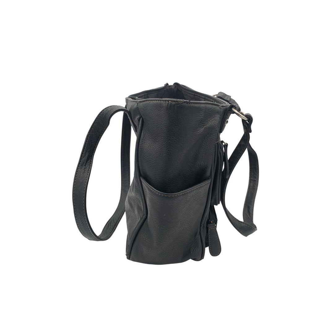 MultiSac Black Faux Leather Multi-Pocket Shoulder Bag With Adjustable Straps