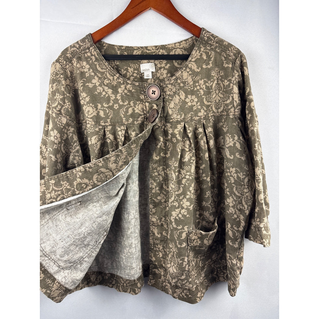 Caslon Womens 16W Linen Floral Print Jacket Brown