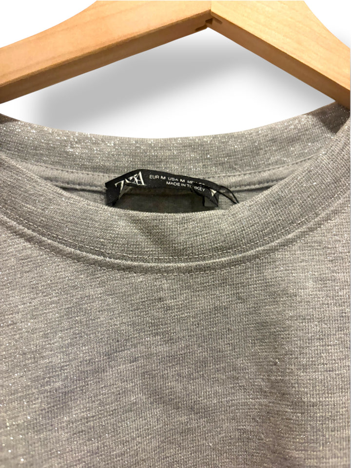 Zara New York Sparkle T-Shirt Gray Silver Glitter Oversized Tee Size M NWT