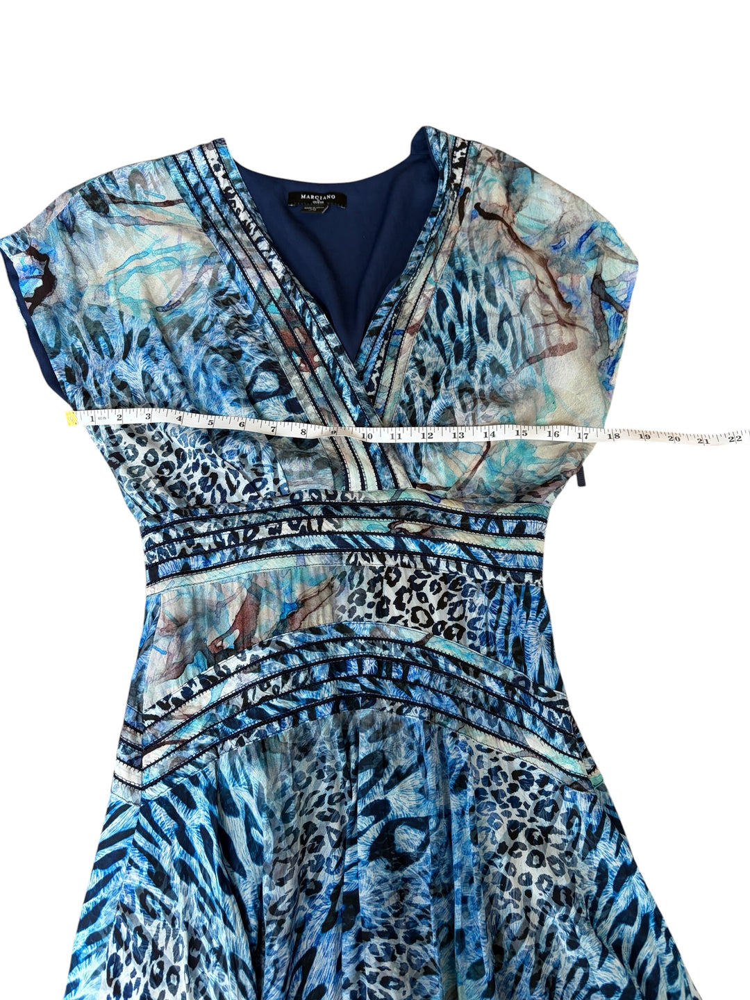 Marciano by GUESS Rose Romance Feminine Animal Motif Blue mini flared v-neck women's dress, size 2