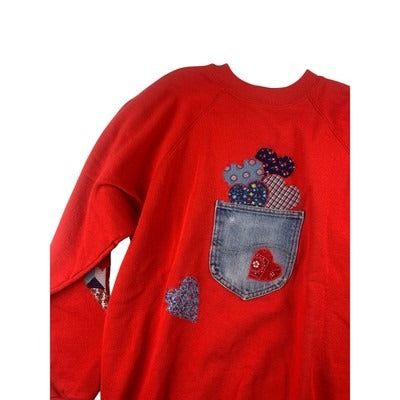 Hanes Red Sweatshirt X-Large With Denim Heart Pocket & Patchwork Appliqué