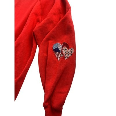 Hanes Red Sweatshirt X-Large With Denim Heart Pocket & Patchwork Appliqué