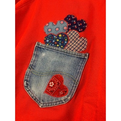 Hanes Red Sweatshirt X-Large With Denim Heart Pocket & Patchwork Appliqué