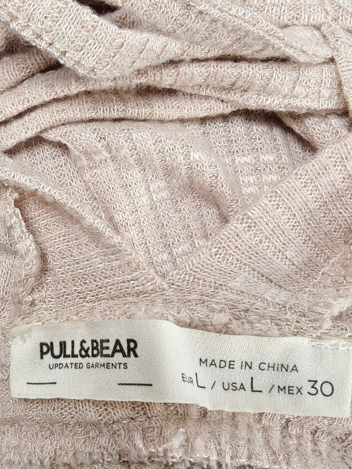Women’s Pull&amp;Bear Babydoll Dress Beige Ribbed Tie Waist Size L